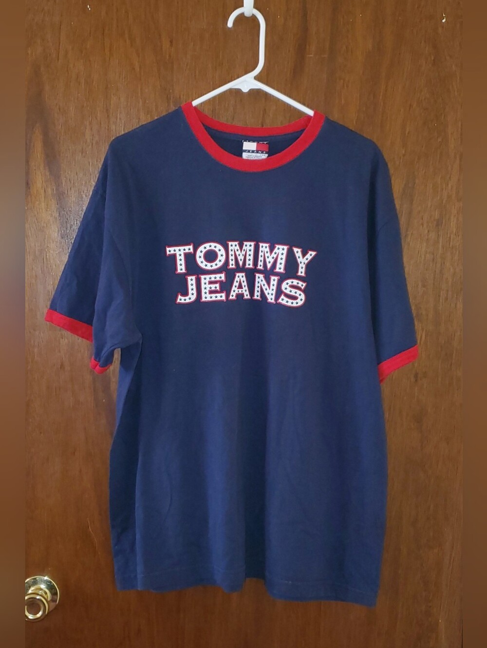 Vintage Tommy Jeans Navy Ringer Tee with Red Trim Sz Large